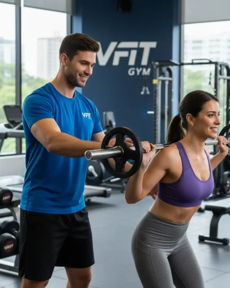 Personal trainer guiding member squat training at V-Fit Gym in Vadavalli Coimbatore