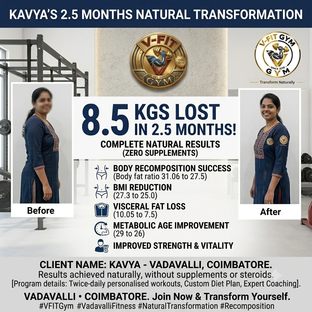 Kavya 8.5kg natural weight loss transformation in 2.5 months with visceral fat and BMI reduction at V-FIT Gym Vadavalli Coimbatore