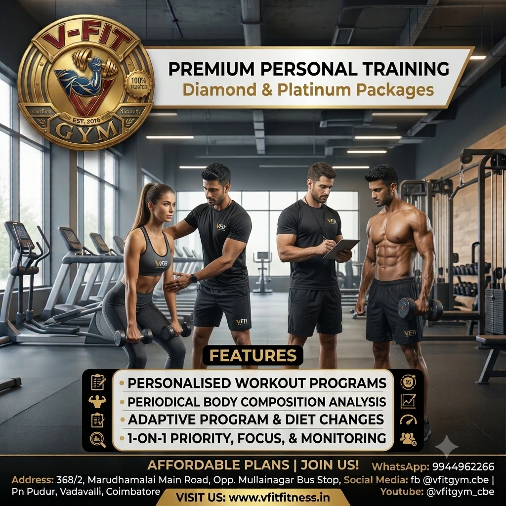 V-Fit Gym Vadavalli Coimbatore premium personal training Diamond and Platinum packages