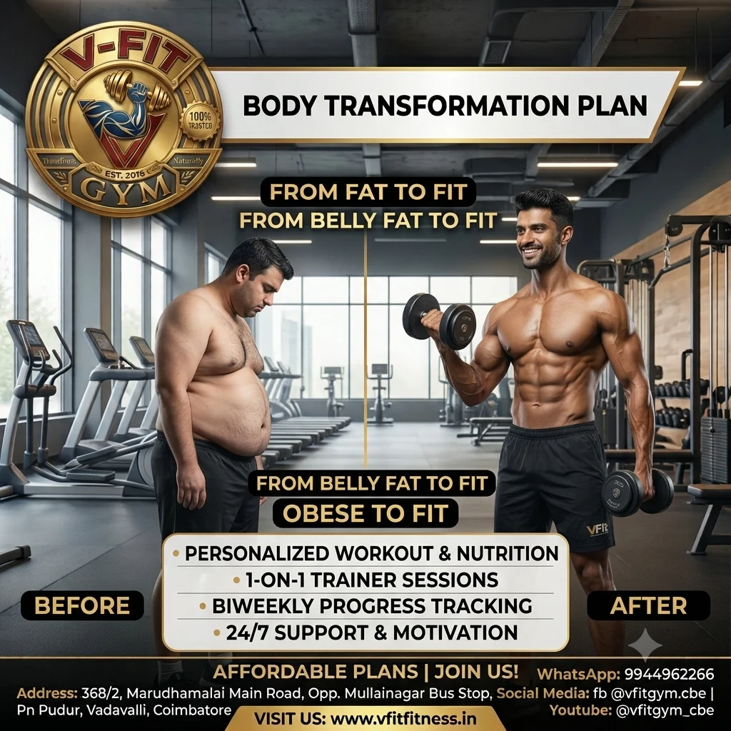From fat to fit body transformation program at V-Fit Gym Vadavalli with personal trainer guidance