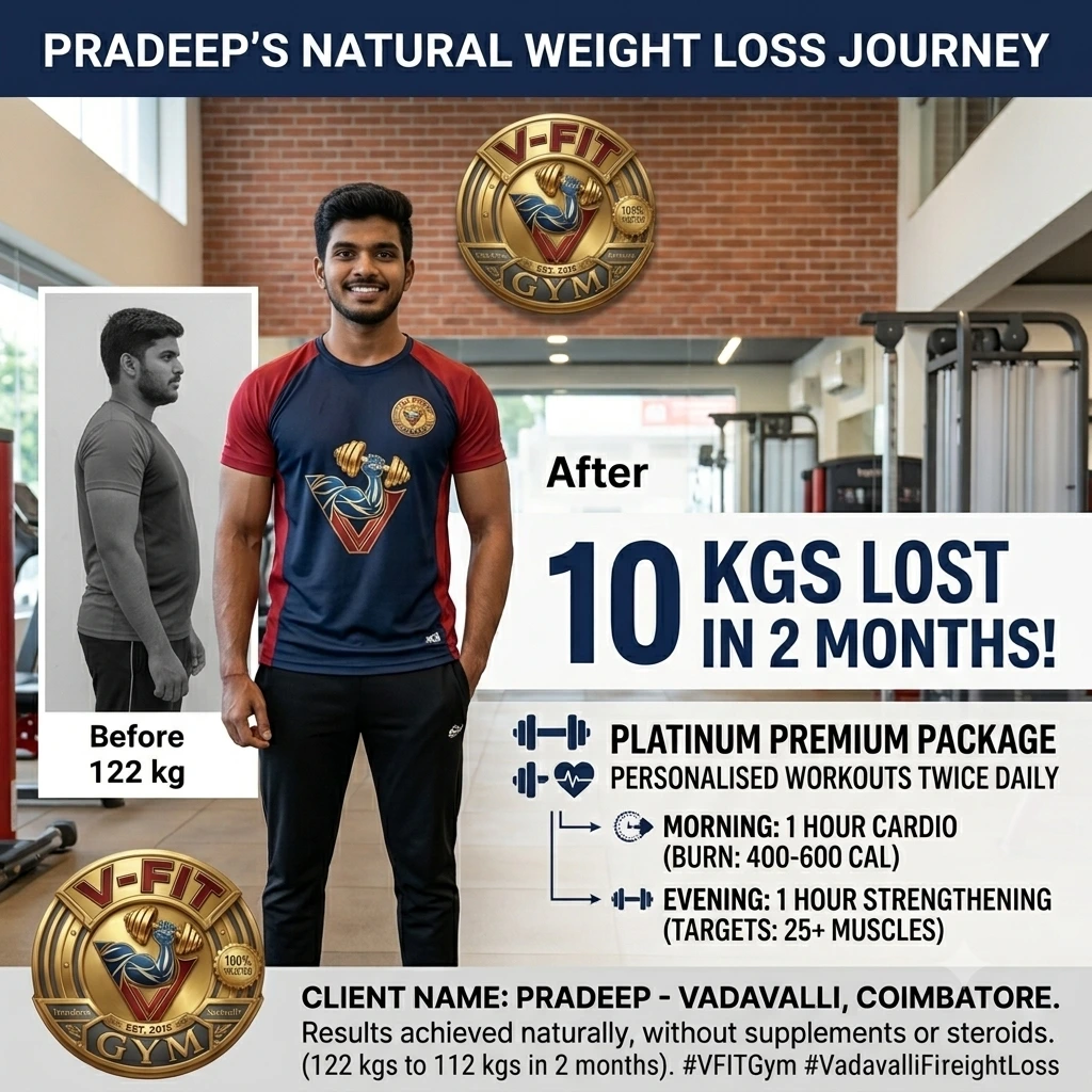 Pradeep natural weight loss transformation from 122 kg to 112 kg in 2 months at V-FIT Gym Vadavalli Coimbatore