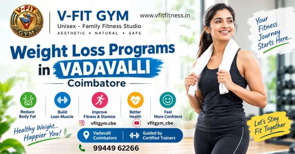 Weight loss programs in Vadavalli, Coimbatore at V-FIT GYM, offering guided fitness training, fat-loss support, strength training and healthier lifestyle programs for men and women.