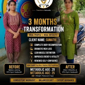 V-FIT Gym Vadavalli client Sumathi 3-month dramatic body shape transformation with lean muscle gain and metabolic age reduction from 29 to 25